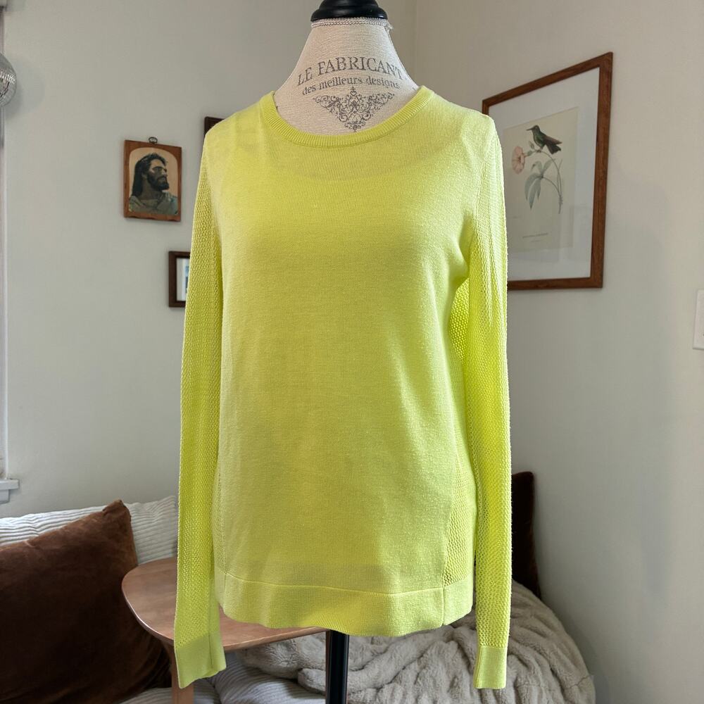 CAbi Mesh Sweater Split Back Pullover Lime Green Light Open Knit Top Size M